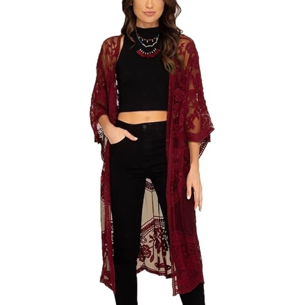Shyanne Dark Red Floral Lace Duster Kimono Cardigan - One Size